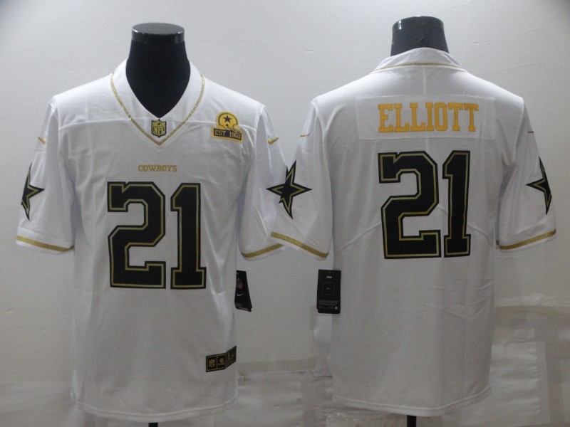 2021 Men Dallas cowboys 21 Elliott White Retro gold character Nike NFL throwback Jerseys